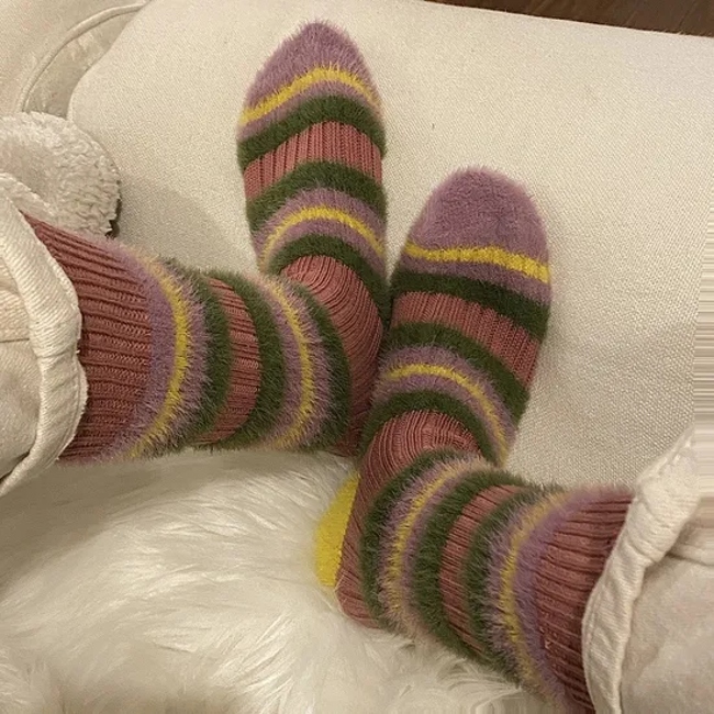 Couple Thick Line Pattern MID-Calf Socks Color Blocking Imitation Mink Autumn and Winter Warm Furry Thickened Long Socks