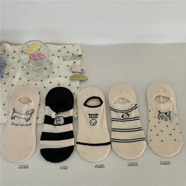 New Ok Dog Embroidery Boat Socks Non-Drop Heel Summer Women′s Breathable Short Socks College Style Casual Cotton Socks