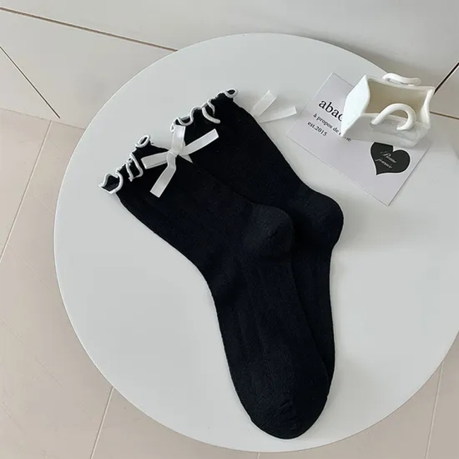 Summer Thin Mesh Breathable MID-Calf Socks Japanese Girls Ballet Style Heel Bow Stacked Socks