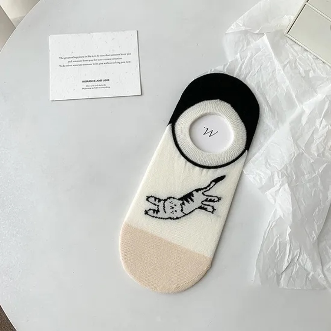 Socks Women Summer New Cool Cotton Black Cat Small Fresh Cartoon Bear Non-Slip Bottom Rubber Boat Socks Invisible Female Socks