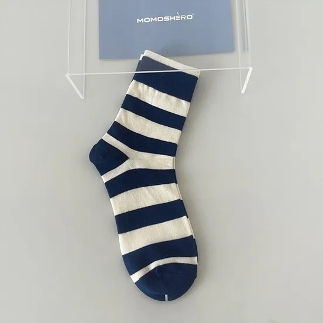 Spring and Summer New Blue Combed Cotton MID-Calf Socks Women M Letter Stripe Couple Socks