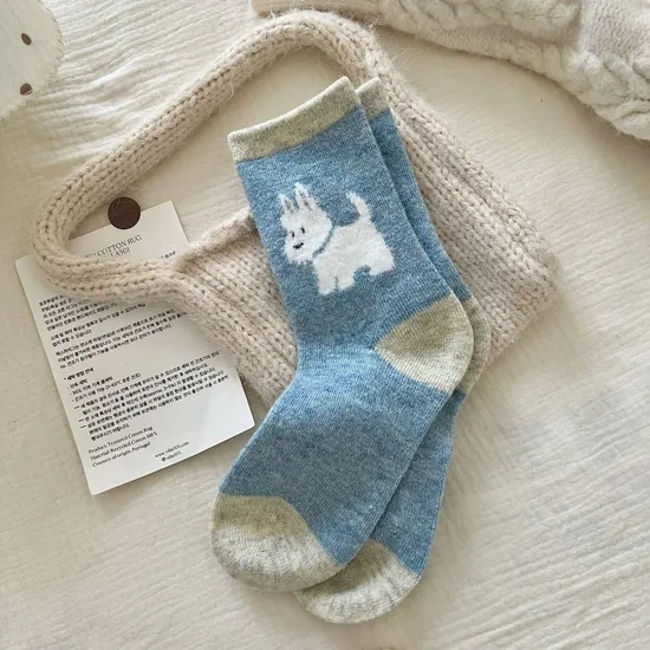 Autumn and Winter Sheep Wool Three-Dimensional Puppy Boneless Flocking Wool Warm Socks Women′s Socks Clashing Colors Stacked Socks
