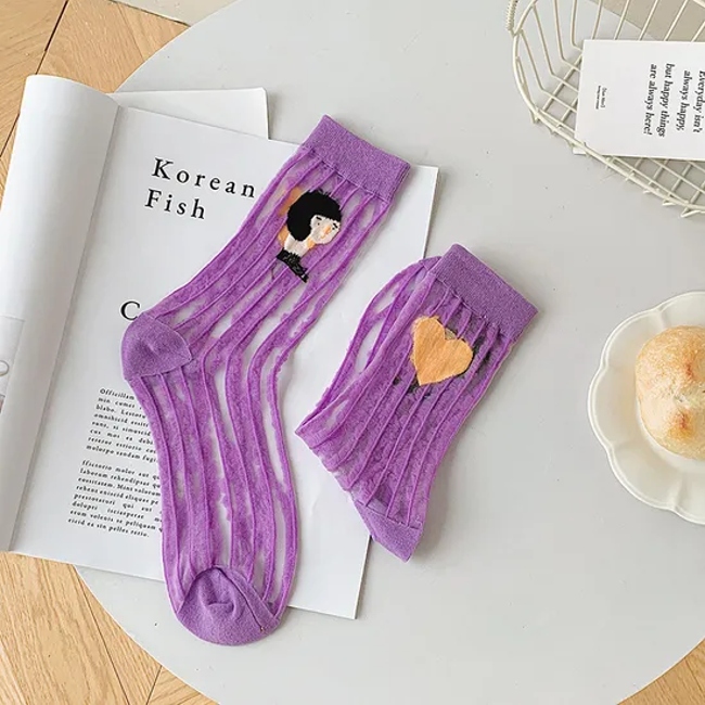 Socks Women′s Spring and Summer New Cartoon Character Graffiti Stripes Girls Wind Kasi Middle Cylinder Socks Cool Skin Transparent Glass Stockings Socks