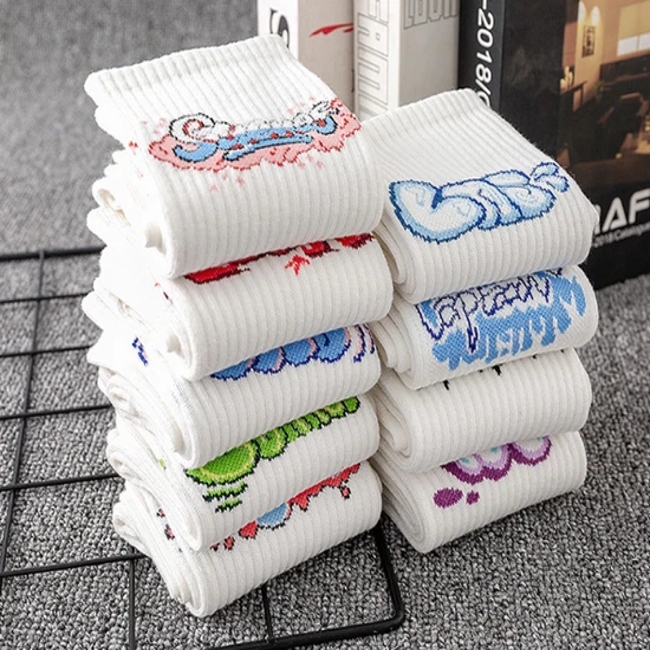 White Graffiti Letter Basketball Knitted Pure Cotton Sweat-Absorbing Socks