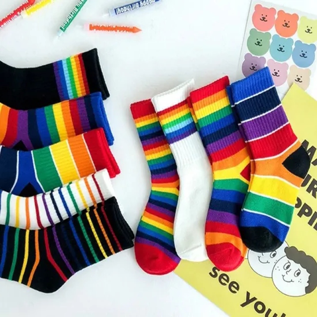 Wholesale Striped Vintage Fashion Design Cotton Newborn Baby Unisex Rainbow Custom Ankle Socks with Lace for Boy and Girl