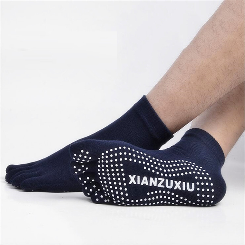Good Value Men Five Toed Dot Silicone Yoga Mid-Crew Socks Cotton Solid Non-slip Grip Pilates 