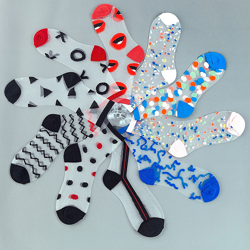 personalized tags Summer women Ultra thin Crew Socks Transparent Crystal Silk Dot Lip Striped Geometric Pattern Female Harajuku 