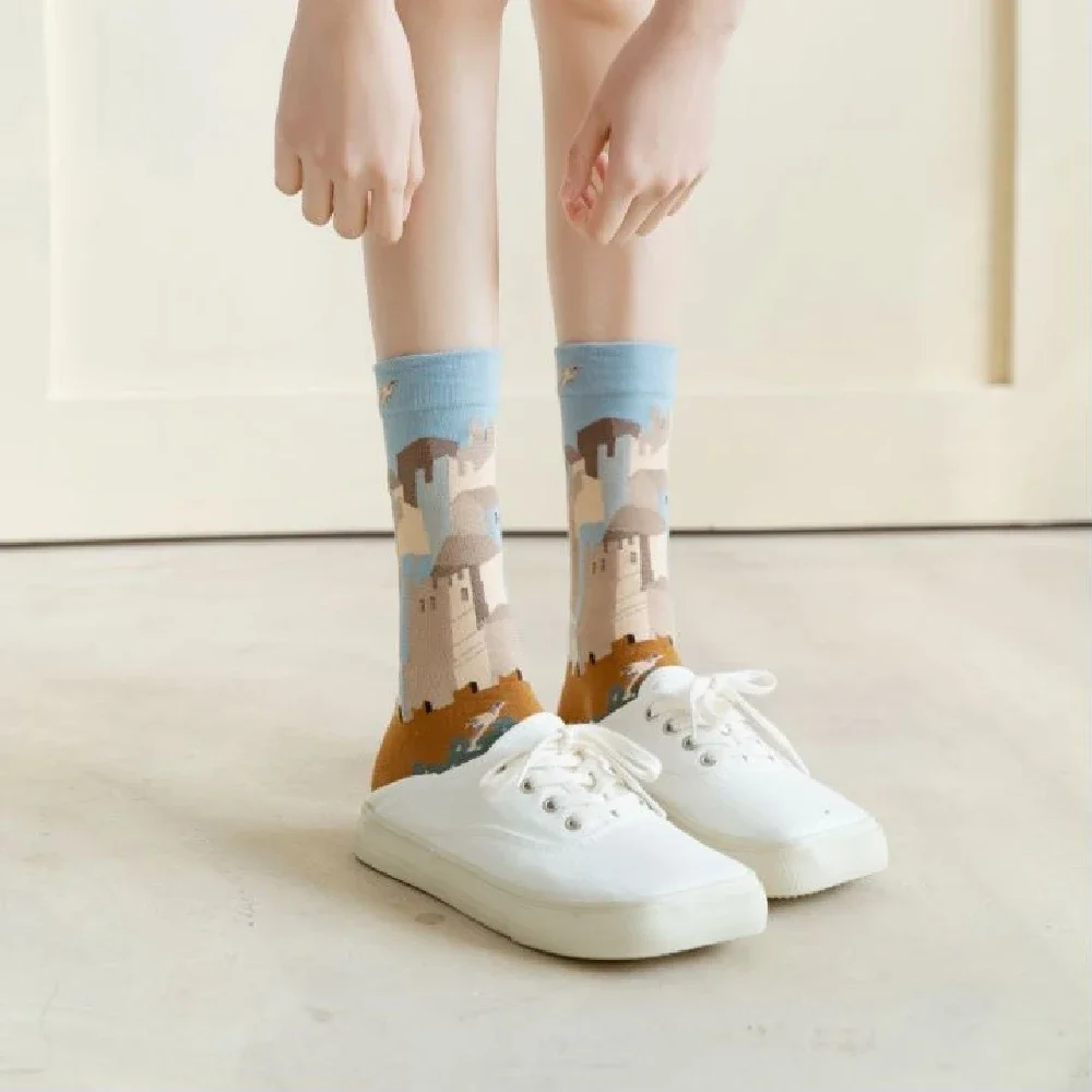 distributor Solid Color Medium Tube Socks for women s Fresh Smiling Face Pattern Simple Style Comfortable Breathable Girl 