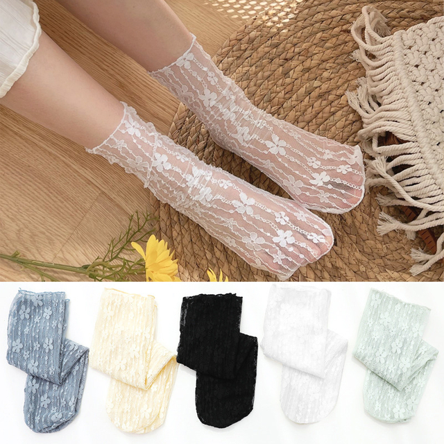 reseller women Sexy Lace Flower Ultra thin Transparent Summer Japan Style Hollow Mesh Crew Socks Harajuku Retro Long 