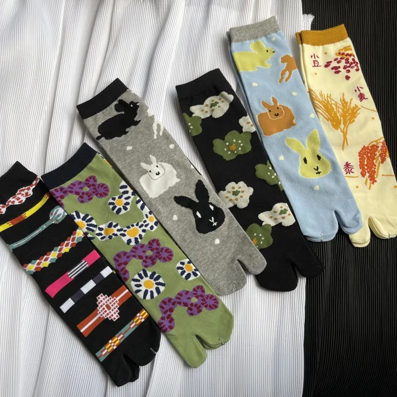 established buyer Cartoon Art Tabi Socks For women Harajuku Split Toe Socks High Quality Combed Cotton Thin Crew Cute Two Toe 