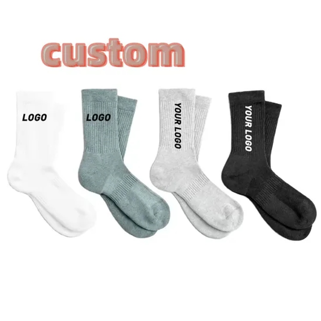 Manufacturer Wholesale Logo Design Cotton Women Men Unisex Sports Cushion Crew Luxury Print High Elasticity Knitted Athletic Custom Socks