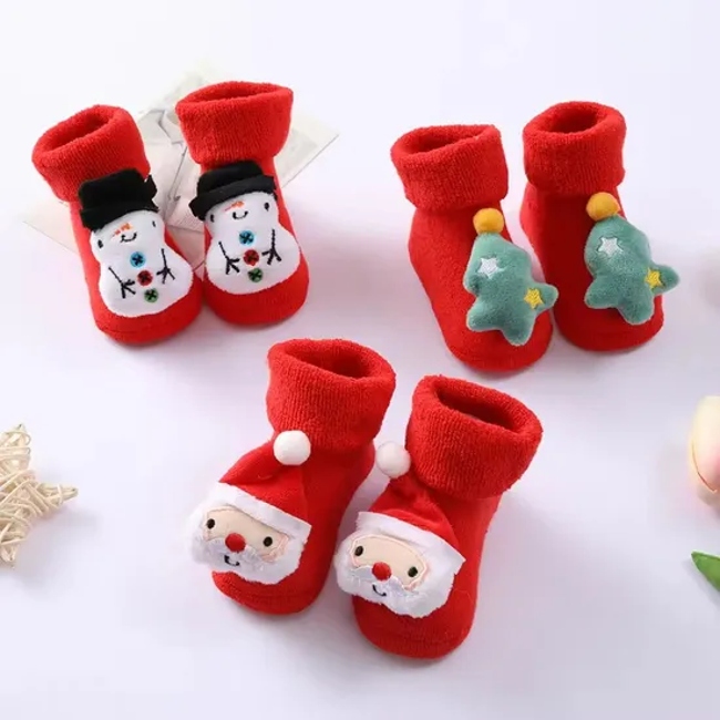 D Cartoon Christmas Thick Red Infant Winter Anti Slip Baby Socks