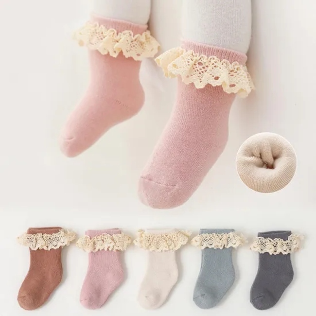 Trendy Baby Girl Solid Ribbed Thin Cotton Cute Lace Ruffle Princess Socks