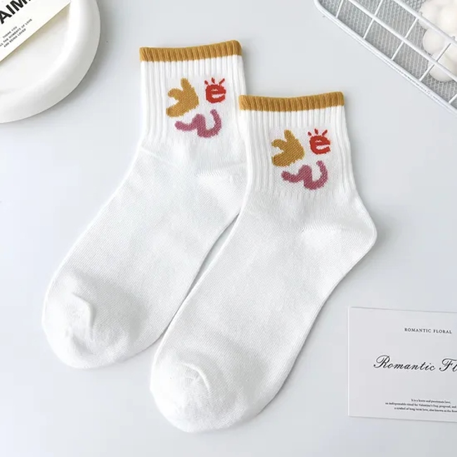 White Socks Women MID Ins Small Emoji Graffiti High Value Japanese Short Socks Students Cartoon Sports Socks