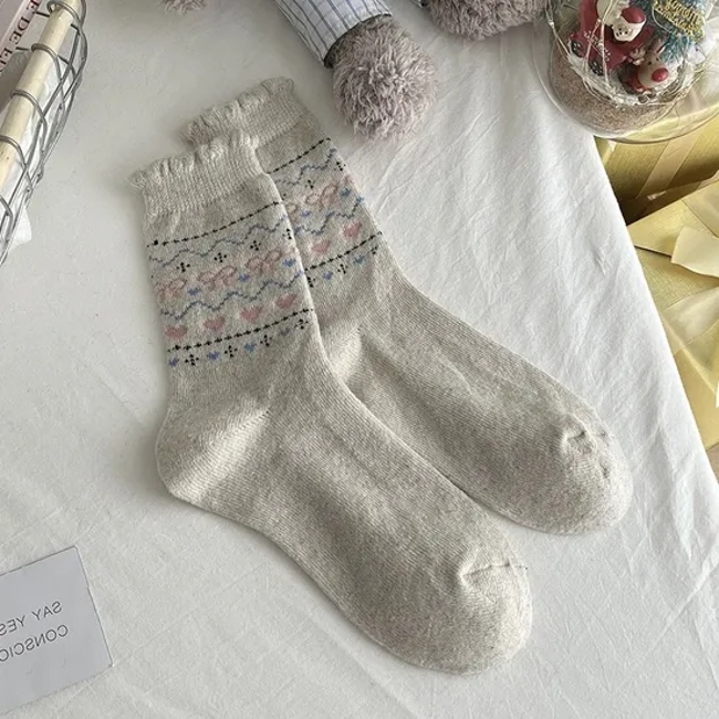 Autumn and Winter Wool Love Socks Women Fair Isle Elk Warm MID-Calf Japanese Bow Christmas Wind Thick Socks