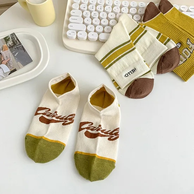 Boat Socks Non-Drop Heel Women′s Alphabet Mustard Green Blue Red Stripe College Style Retro Matching Color Combed Cotton Boat Socks Short Socks