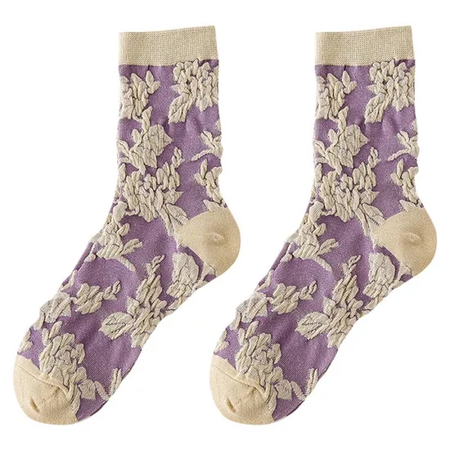 Four Seasons Japanese Retro Purple Flower Stereo Embossed Trendy Versatile Personalized Flower Pattern MID-Calf Socks