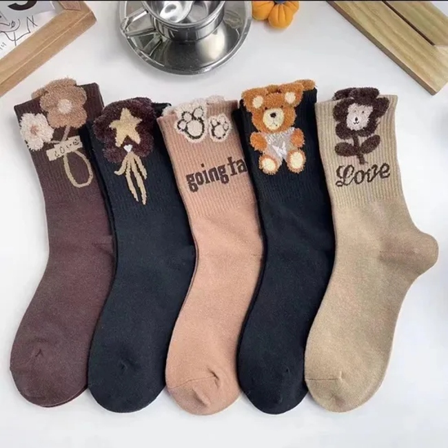 Fall and Winter Feather Yarn Cartoon Three-Dimensional Cotton MID-Tube Women′s Socks