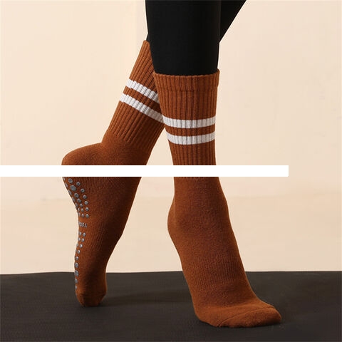 Factory Cheap Ginger All Season Cotton Anti Slip Compressed Two Strips Tube Pilates Daily Sports Socks