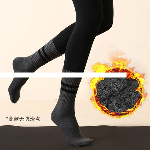 Factory Winter Thicker Terry Cotton Anti Slip Sustainable Two Strips Middle Tube Black Athletic Sports Socks