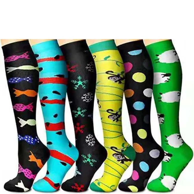 6 Pairs Pack Multi Prints Sports Compression Nylon Socks for Men and Women Circulation