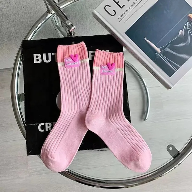 Dopamine Color Wear Socks Women Cotton Double Needle Thin Summer Double Patchwork Color Matching MID Cylinder Tide Socks Niche Models Socks