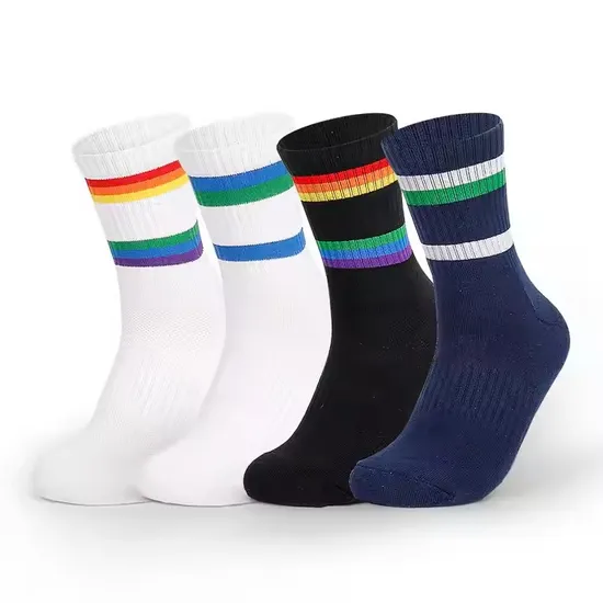 Custom Logo White Athletic Beach Tennis Socks Crew Striped Sport Badminton Socks